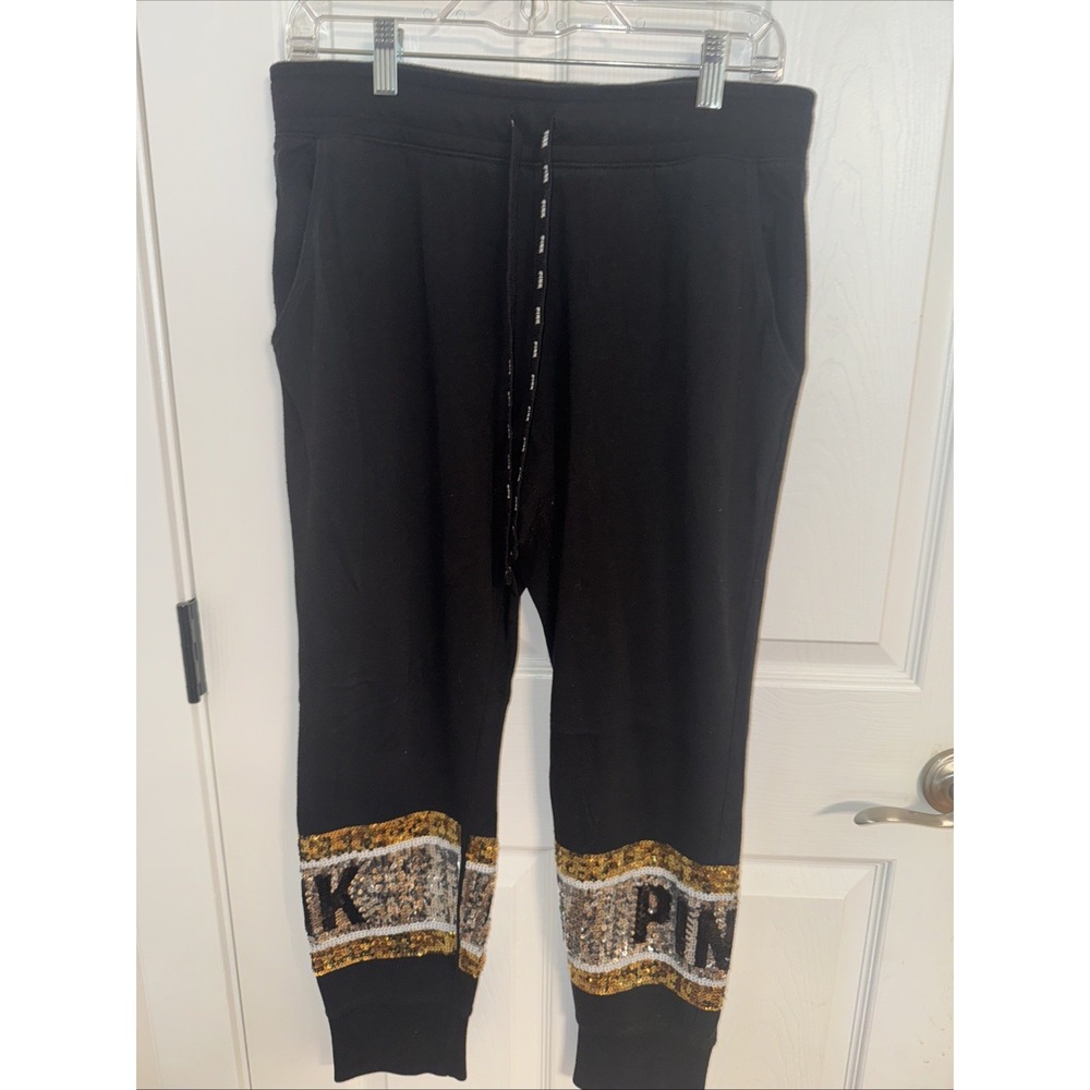 RARE Victoria's Secret PINK Bling Tri Tone Sequin Jogger Sweats - Black - Large